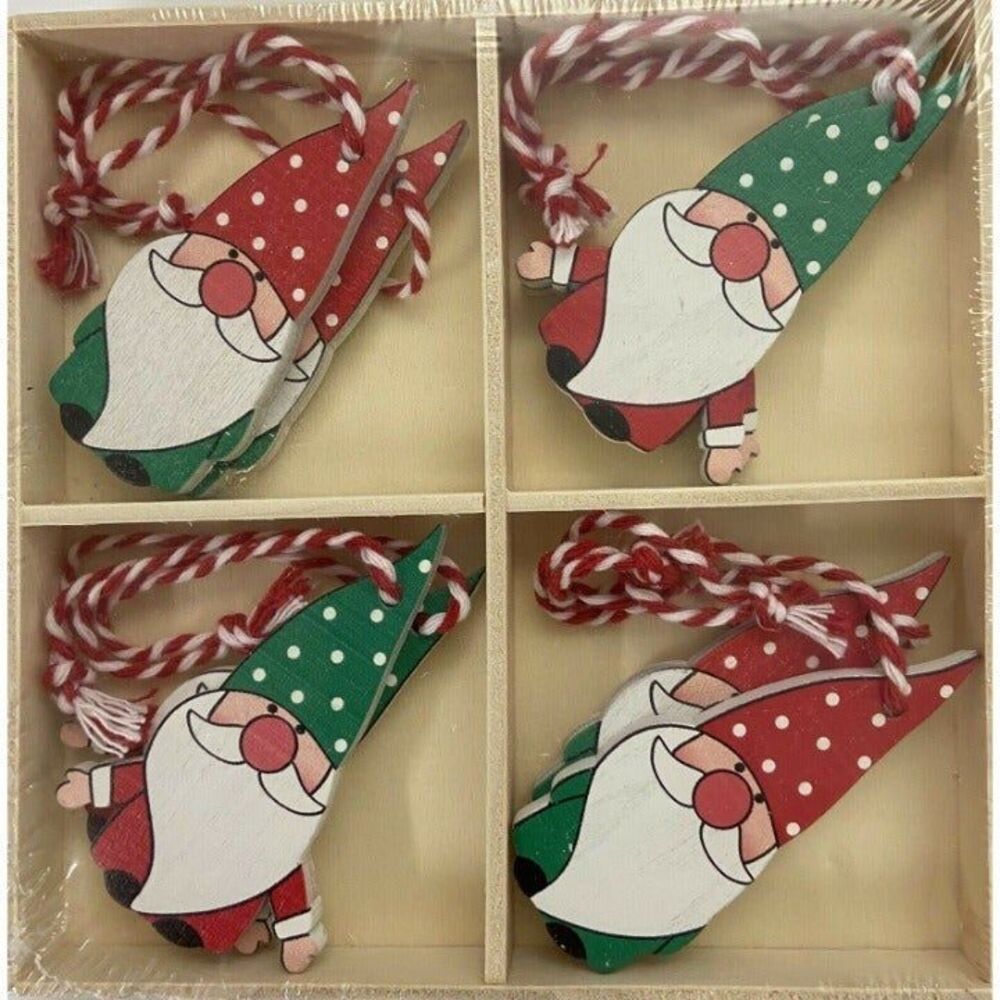 Silver Tree 8 wooden Santa Gnome Ornaments in Wooden Box